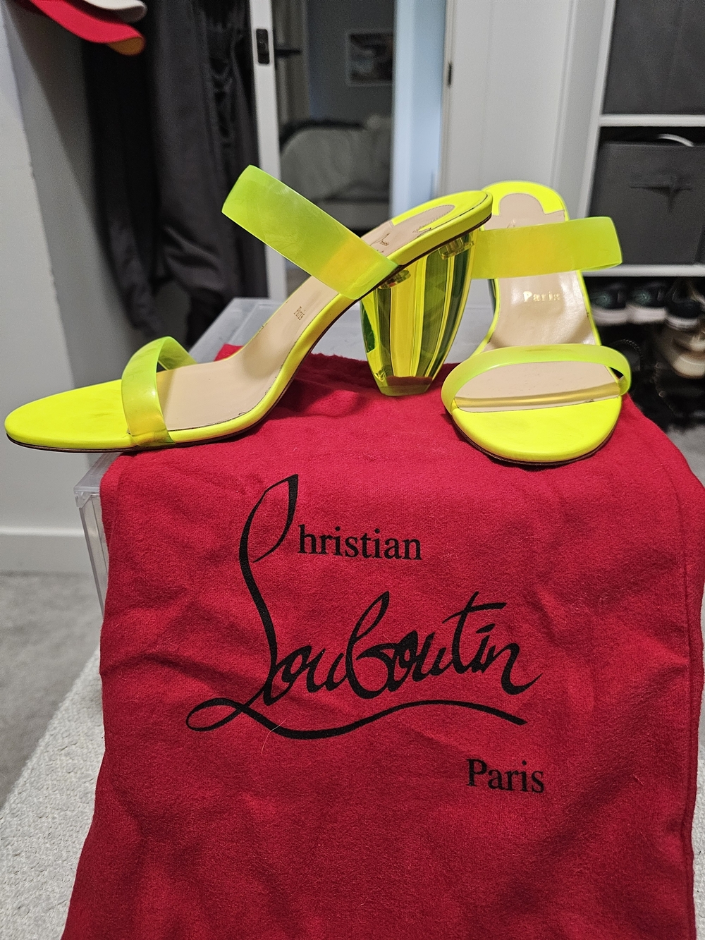Christian Louboutin Neon Yellow Clear Block Heel Sandals